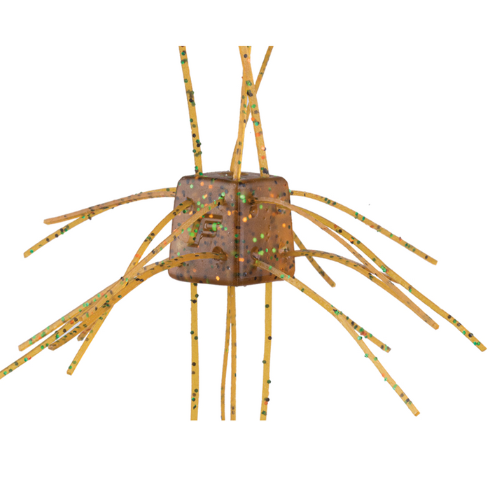 Field Side Saikoro Rubber fishing lure with a square brown body and multiple flexible orange tentacle-like appendages speckled with green and black spots for musky fishing tackle.