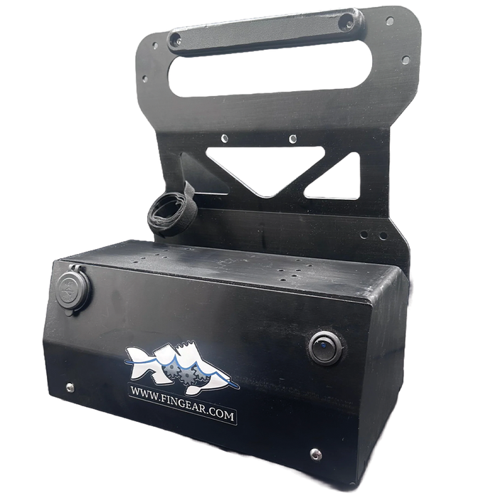 Fin Gear Tech Shuttle 2.0, a black portable fishing tackle box with a handle, featuring a sturdy design and a power connector port, ideal for storing and organizing fishing gear.