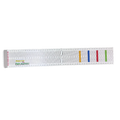 Clear plastic measuring board for fish with detailed black measurement markings and colored indicator bars, labeled Fish Bumper Bump-N-Go, designed for precise fishing tackle use.