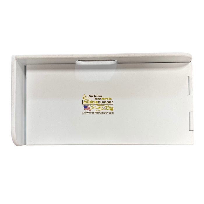 Fish Bumper Quad Fold Sturgeon Bump Board in white with a smooth surface, foldable design, and printed logo in the center for measuring and handling large fish safely.