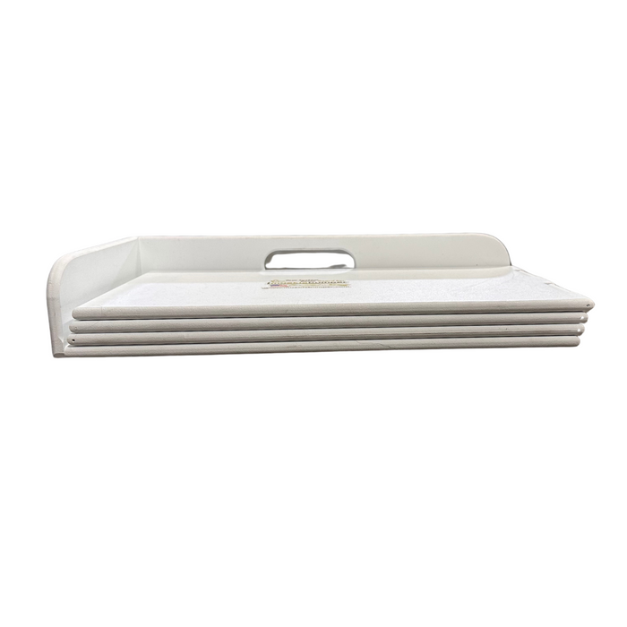 Fish Bumper Quad Fold Sturgeon Bump Board shown folded with white cushioned panels and a built-in handle for easy transport and durable use in fishing tackle setups.