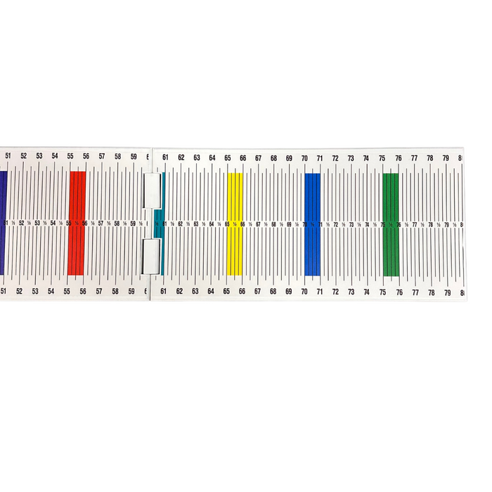 Fish Bumper Quad Fold Sturgeon Bump Board showing measurement markings in multiple colors including red, yellow, blue, and green for accurate fish size tracking during fishing activities.