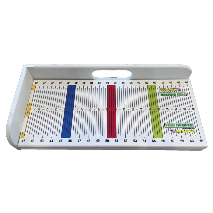 Fish Bumper Tri-Fold Bump Board's featuring a foldable design with measurement markings in blue, red, and green for accurately measuring fish length, complete with a carrying handle.