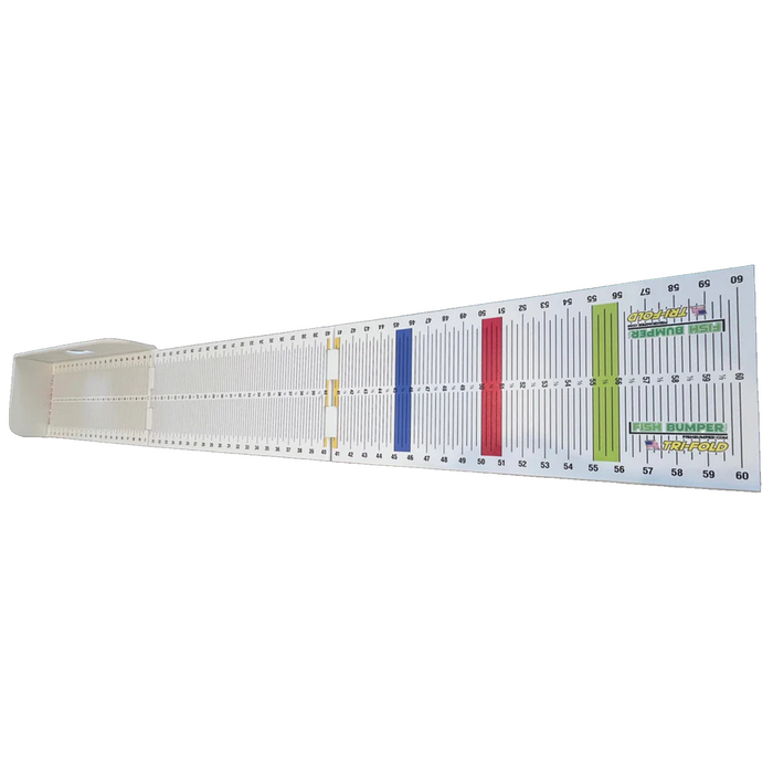 Fish Bumper Tri-Fold Bump Board's with clear measurement markings up to 60 inches, featuring color-coded sections for easy fish length tracking in fishing tackle setups.