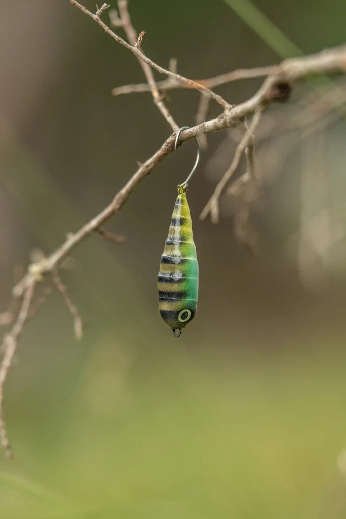 Fish Chase Flies Spiral Spook fishing lure in green and yellow tones with black stripes, hanging from a tree branch, used for fishing tackle and lure presentation.