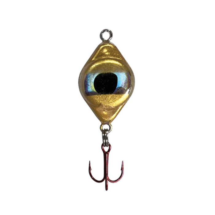 Fish Daddy Dirty Bomb Spoon fishing lure with a reflective gold body, realistic eye design, and a red treble hook for effective fishing tackle use.