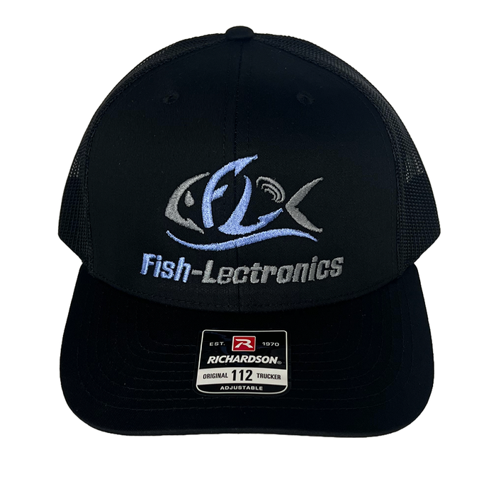 Fish-Lectronics Logo Hat is a black adjustable trucker cap with mesh back panels, featuring embroidered light blue and gray logo of a stylized fish and text on the front.