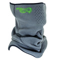 Grey fleece neck and face covering with ventilation holes and bright green Fish Monkey logo embroidered on the upper front, designed as the Fish Monkey Fleece Face Guard.