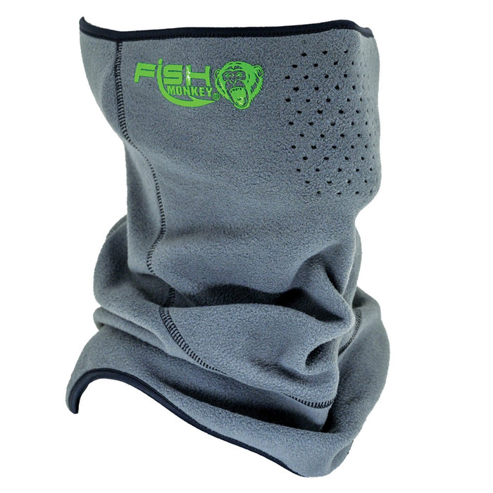 Grey fleece neck and face covering with ventilation holes and bright green Fish Monkey logo embroidered on the upper front, designed as the Fish Monkey Fleece Face Guard.