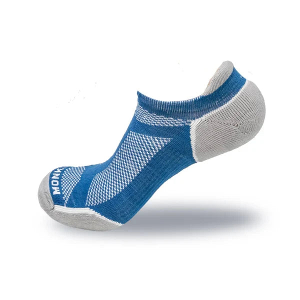 Image of a single blue and gray lightweight Fish Monkey No-Show Guide Series Socks designed for comfort and breathability, featuring a low-cut profile ideal for fishing activities.