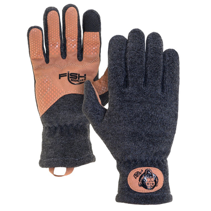 Pair of Fish Monkey Task Fleece Gloves in black fleece with brown synthetic grip palms; designed for warmth and dexterity during fishing with reinforced fingertips and wrist loops.