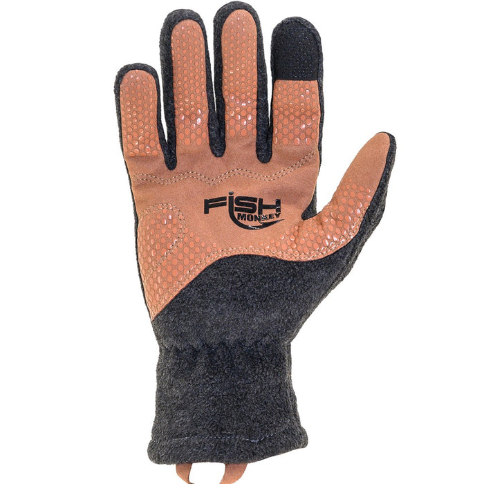 Fish Monkey Task Fleece Gloves in black and brown with textured grip on the palm and fingers, designed for comfort and durability during fishing activities.