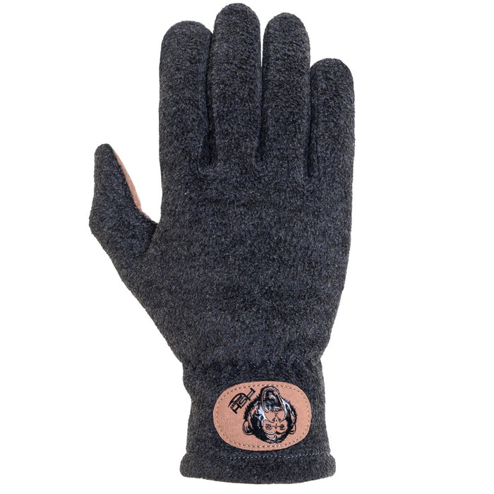 Dark gray fleece fishing glove with a textured finish and a sewn patch featuring a monkey logo, designed as Fish Monkey Task Fleece Gloves for outdoor fishing use.
