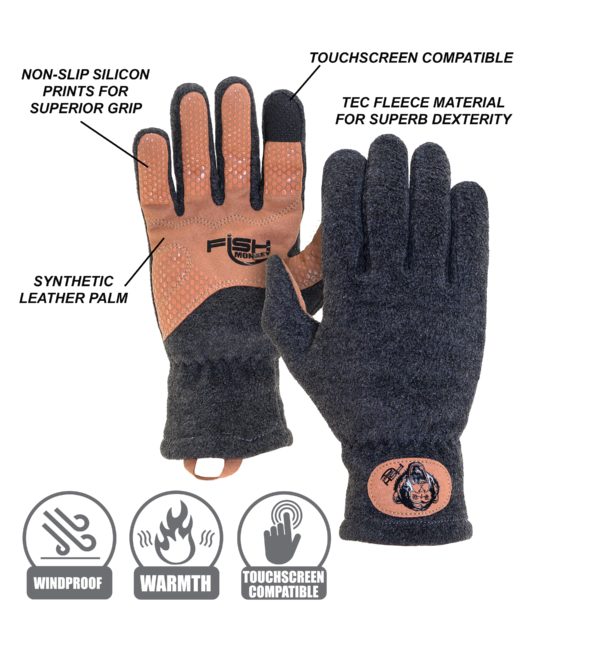 Fish Monkey Task Fleece Gloves shown with synthetic leather palm, non-slip silicon grip prints, and touchscreen compatible TEC fleece material designed for fishing tackle and outdoor warmth.