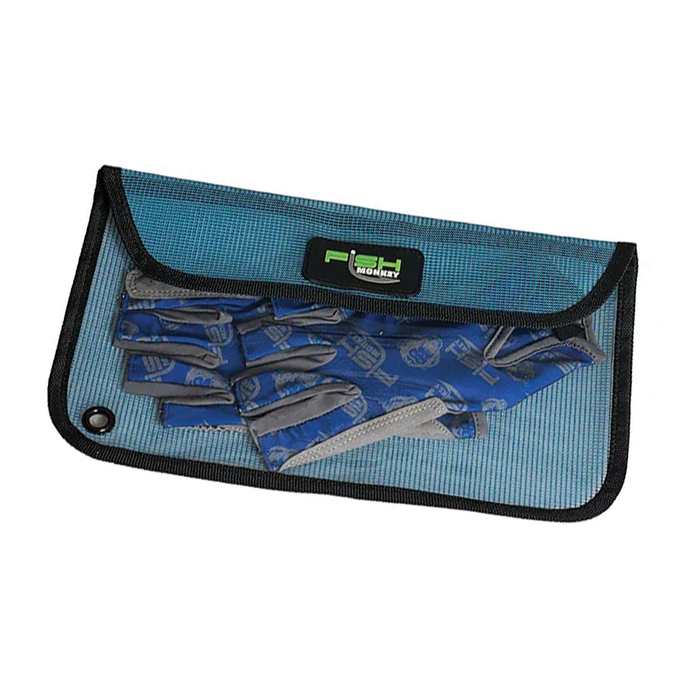 Fish Monkey Vented Glove Bag in blue mesh with black trim, designed for storing and drying fishing gloves with ventilation for airflow and quick drying.
