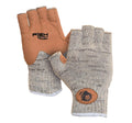 Fish Monkey Wooly Half Finger Gloves in a wool blend with tan synthetic leather palm and reinforced thumb, designed for durable fishing tackle use and grip.