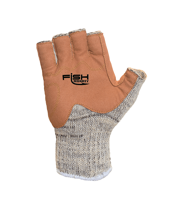 Fish Monkey Wooly Half Finger Gloves featuring a tan synthetic palm with grip, knit wool back for warmth, and half-finger design for dexterity in fishing tackle use.