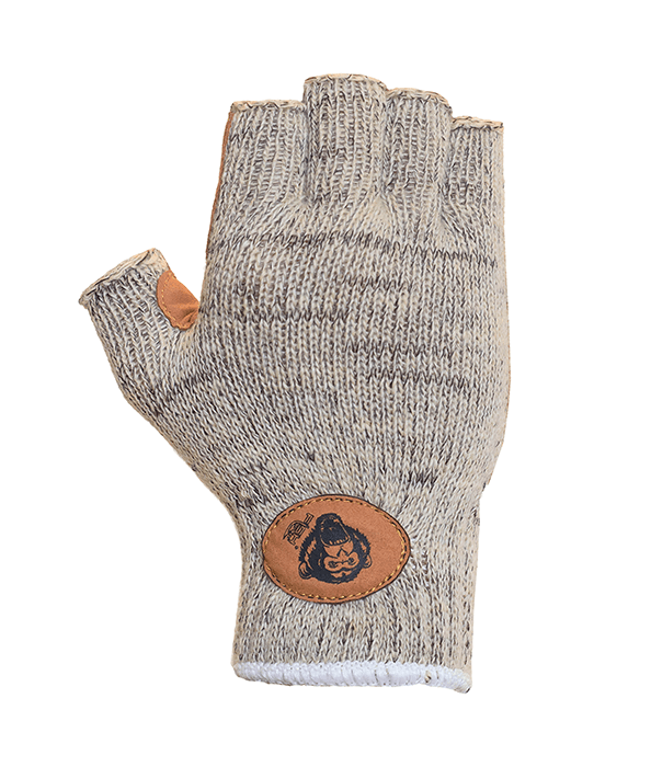 Fish Monkey Wooly Half Finger Gloves in beige knit with reinforced brown leather thumb patch and logo patch, designed for fishing tackle and outdoor use.