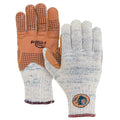 Pair of Fish Monkey Wooly Long Full Finger Gloves featuring a textured brown palm with grip dots and a knitted gray and white back with logo patch on cuff, designed for fishing tackle use.