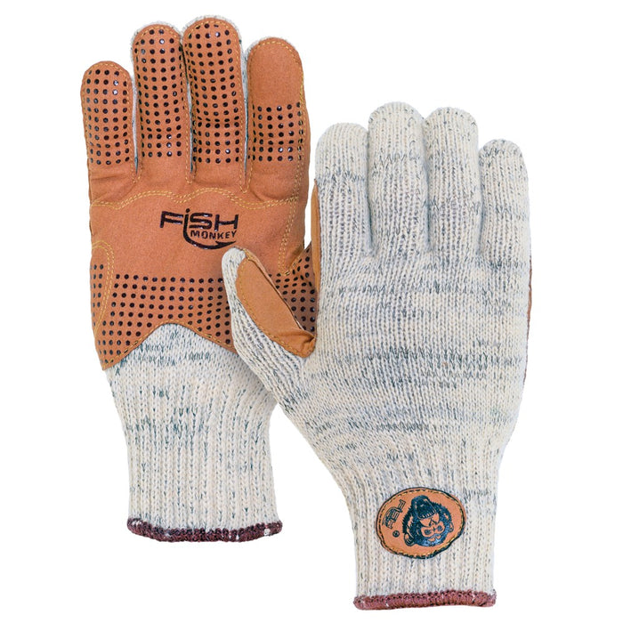 Pair of Fish Monkey Wooly Long Full Finger Gloves featuring a textured brown palm with grip dots and a knitted gray and white back with logo patch on cuff, designed for fishing tackle use.