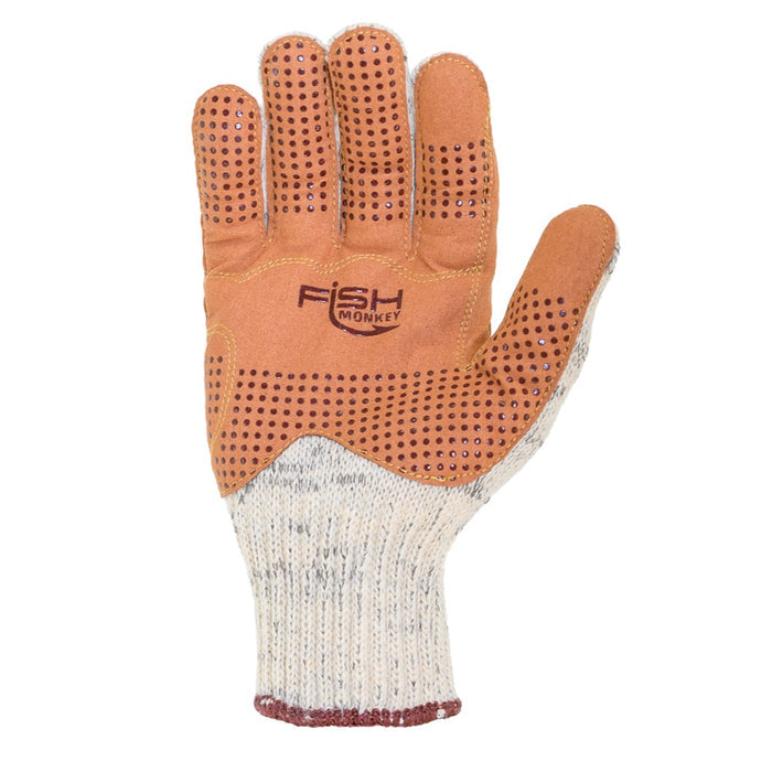 Fish Monkey Wooly Long Full Finger Gloves in tan and gray knit with black grip dots covering the palm and fingers, featuring the Fish Monkey logo on the backhand side.