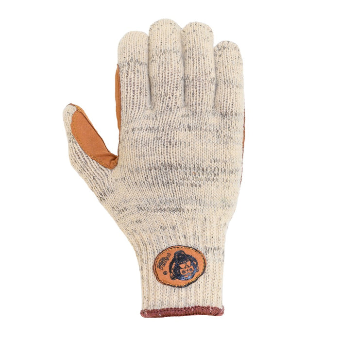 Fish Monkey Wooly Long Full Finger Gloves in beige knit with reinforced brown leather patches on thumb and palm area, designed for durability and comfort in fishing activities.