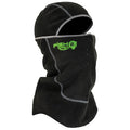 Black fleece balaclava with gray stitching and green Fish Monkey logo, designed for full face and neck coverage, breathable with perforations around the mouth, perfect for cold-weather fishing. Fish Monkey Yeti Fleece Balaclava.