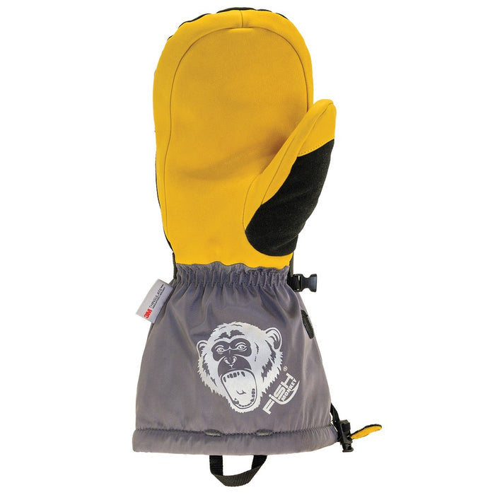Fish Monkey Yeti Ice Mitts in yellow and gray featuring insulated, waterproof material designed for cold-weather fishing with an extended gauntlet and adjustable wrist closures.