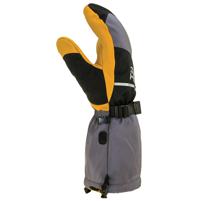 Fish Monkey Yeti Ice Mitts showing a three-finger insulated design with gray and yellow durable outer material, adjustable wrist strap, and extended cuff for ice fishing protection.
