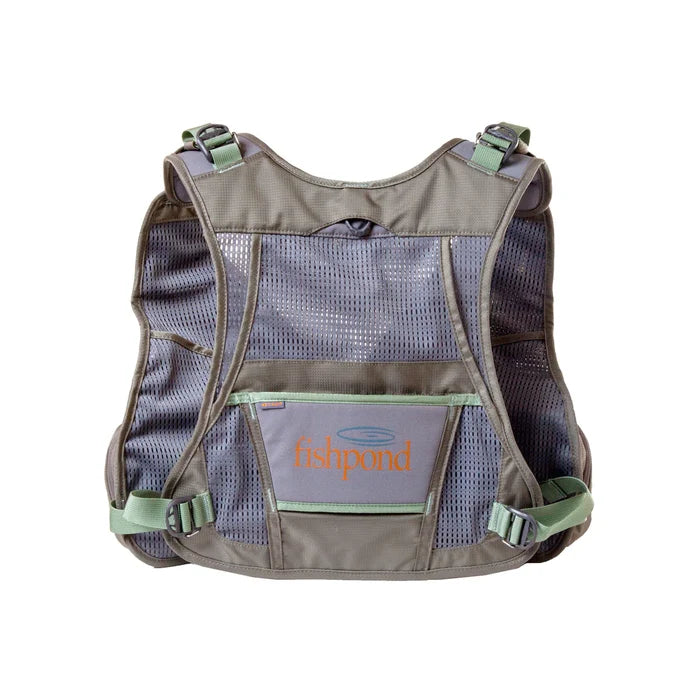 Fishpond FlyLite Women's Vest in earth tones featuring breathable mesh panels, adjustable shoulder and side straps, and a back pocket with logo for fishing tackle storage.