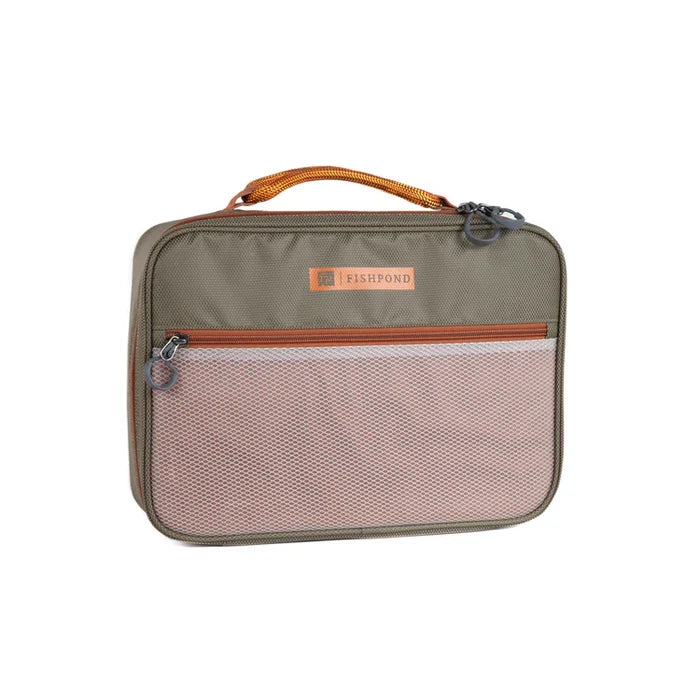 Fishpond Honcho Reel Case in olive green with orange accents, featuring a sturdy handle, front mesh zippered pocket, and main zippered compartment for fishing tackle storage.