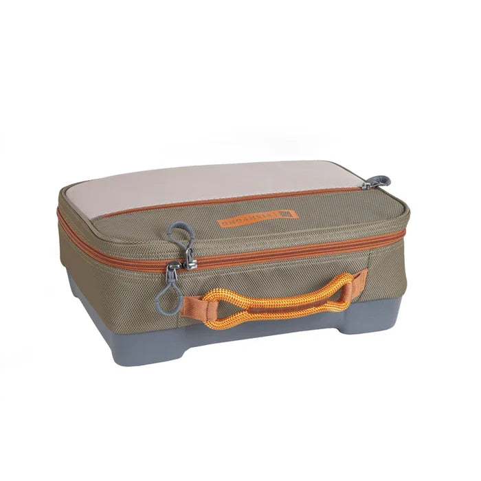 Fishpond Honcho Reel Case in tan and orange colors, designed with a durable fabric body, zipper closure, and reinforced base for secure storage of fishing reels and tackle.