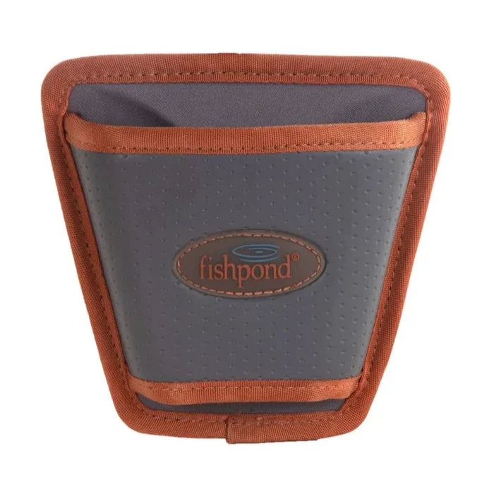 Fishpond Net Holster made of durable gray and brown fabric with reinforced edges, designed to securely hold fishing nets and fishing tackle for easy access.