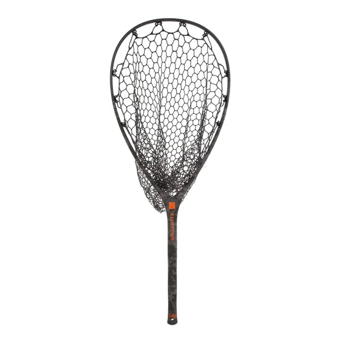 Fishpond Nomad Mid Length Boat Net Wild Run Edition with black hexagonal mesh netting and slim camo-patterned handle designed for fishing tackle and boat use.
