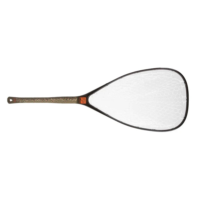 Fishpond Nomad Middle Fork Net with a brown handle featuring a textured grip and a large, clear rubber mesh net designed for catch and release fishing.