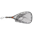 Fishpond Nomad Yampa Hand Net featuring a camo-patterned handle with a sturdy, black rubber mesh net and a wrist strap for secure grip, designed for fishing tackle use.