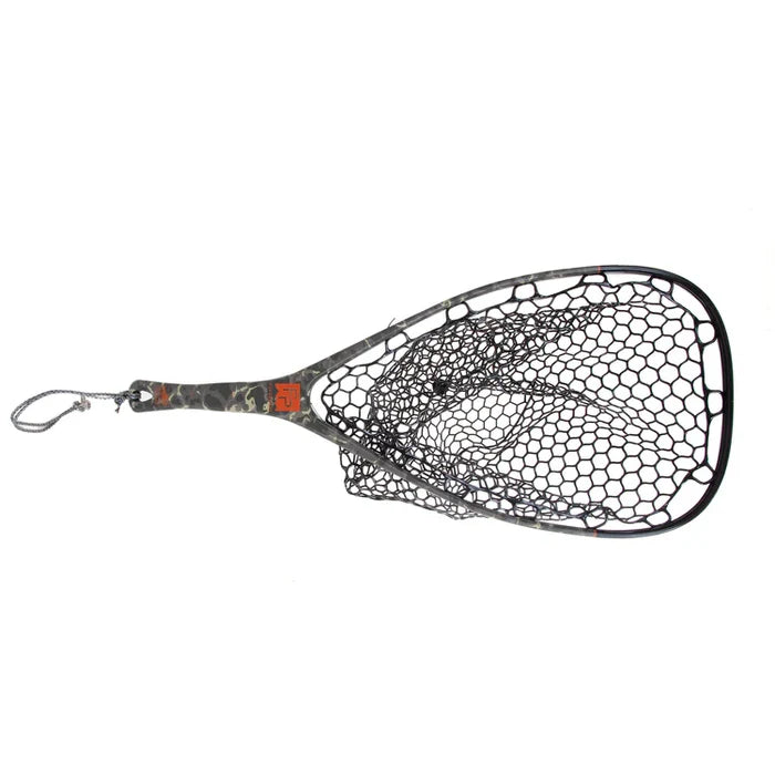 Fishpond Nomad Yampa Hand Net featuring a camo-patterned handle with a sturdy, black rubber mesh net and a wrist strap for secure grip, designed for fishing tackle use.