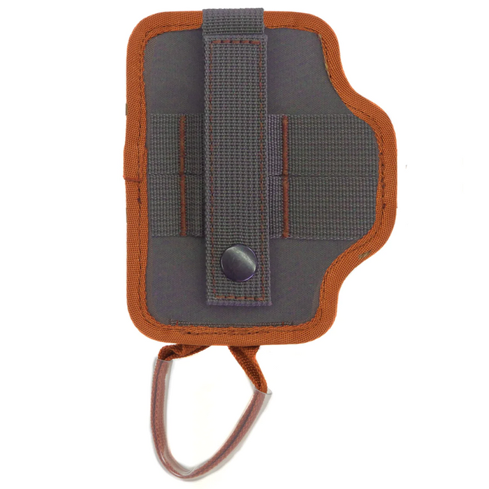 Fishpond Quickshot Rod Holder 2.0 in gray and brown, featuring a durable strap with snap button and a loop for secure attachment to fishing gear.
