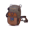 Fishpond San Juan Chest Pack in earth-toned fabric with multiple zippered compartments, mesh pocket, side loop, and adjustable waist strap for hands-free fishing tackle storage.