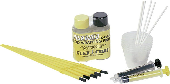Flex Coat Rod Wrap Kit (F2KL) showing yellow rod wrapping thread, bottles of high build formula finish, a syringe for application, and a small container with stirring sticks for fishing rod customization.