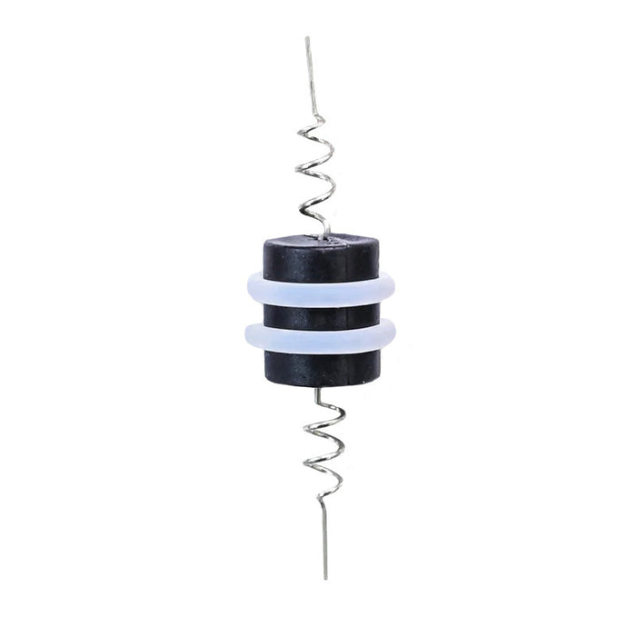 Floatzilla Wacky Connect fishing tackle component features a black cylindrical body with two white rubber rings and a twisted metal wire extending from both ends.