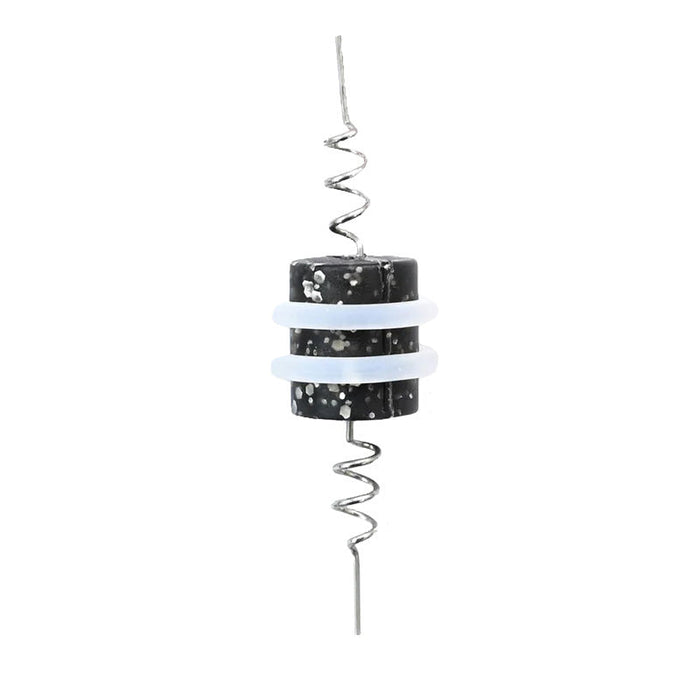 Floatzilla Wacky Connect fishing tackle featuring a black glitter cylindrical body with two white rubber rings and spiral metal wire ends for secure lure attachment.