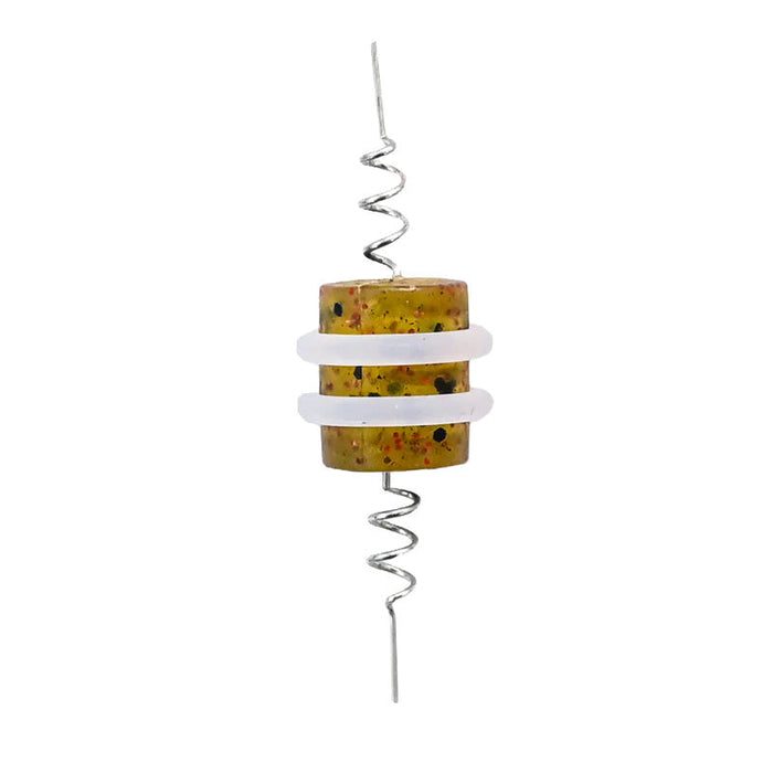 Floatzilla Wacky Connect fishing lure accessory featuring a segmented brown and speckled foam body secured with two white rubber bands and a twisted metal wire for attaching to fishing tackle.