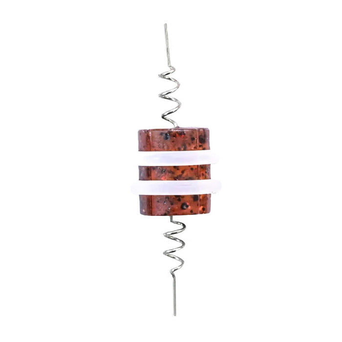 Floatzilla Wacky Connect fishing lure accessory featuring a brown, speckled cylindrical body with two white bands and metal spiral wires extending from both ends for secure attachment.