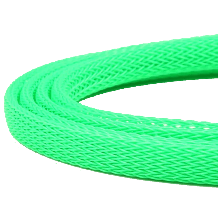 Coiled bright green Flymen Fish-Skull Body Tubing made from flexible mesh material, designed for custom fishing tackle and lure crafting.