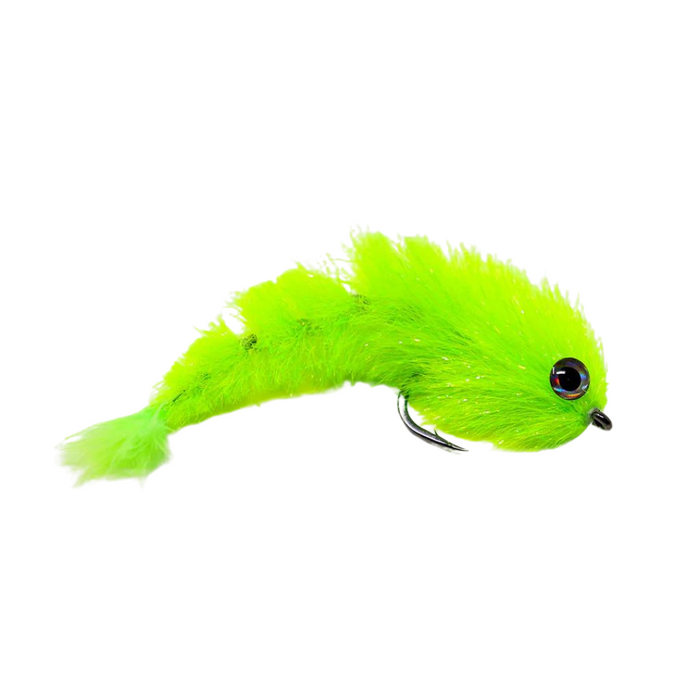 FlyMen Minnow Changer 2/0 bright green fishing lure with soft feather body, realistic eye, and sharp hook designed for musky and fly fishing tackle.