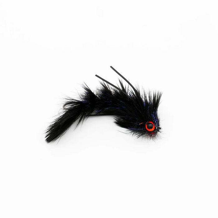 Flymen Next Woolly Bugger Changer fishing lure with black feathered body, segmented tail, and red eye designed for fly fishing and fishing tackle use.