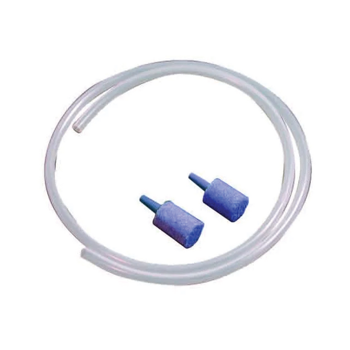 Frabill Aerator Accessory Pack featuring clear flexible tubing and two blue foam air stones for use with fishing tackle aeration systems.