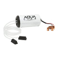Frabill Aqua-Life Dual Output Aerator with white cylindrical body, black end cap, two white air tubes with black diffuser stones, and battery clip wires for fishing tackle use.