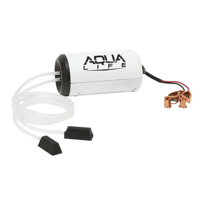 Frabill Aqua-Life Dual Output Aerator with white cylindrical body, black end cap, two white air tubes with black diffuser stones, and battery clip wires for fishing tackle use.